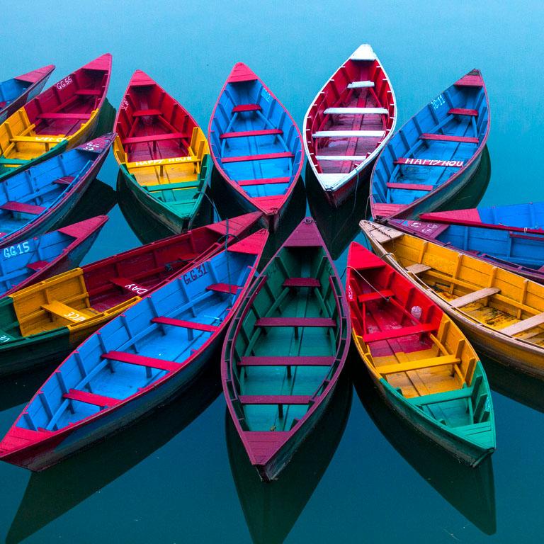 Colorful Boats Moored On Lake